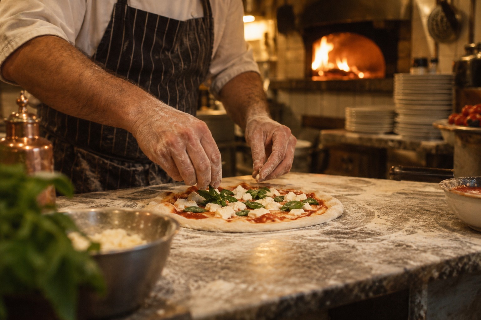 A cook’s flour-dusted hands preparing pizza in a warmly lit Italian kitchen